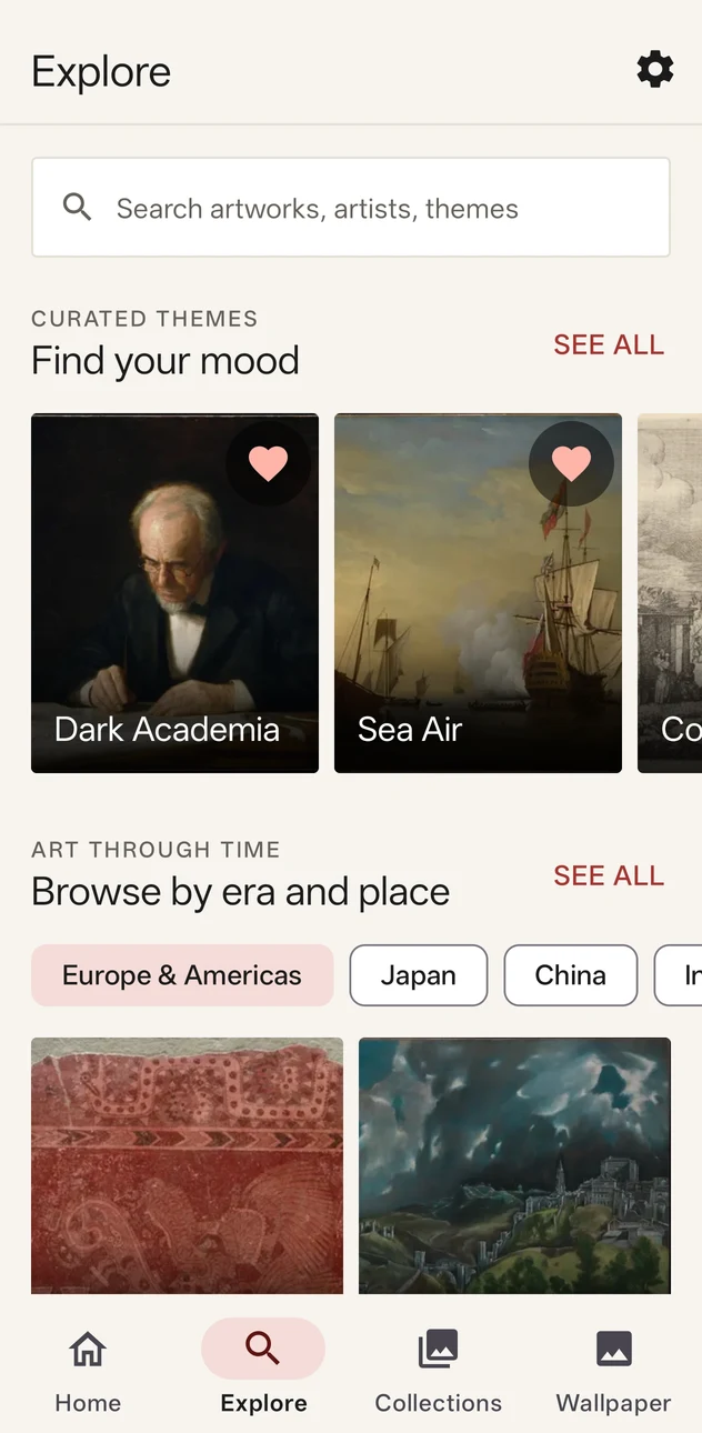 Taide Explore screen with curated themes including Dark Academia and Sea Air, followed by eras