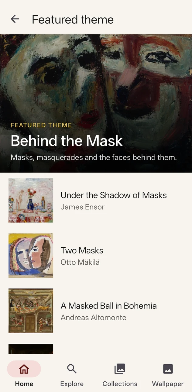 Inside the Behind the Mask theme: a grid of museum artworks with titles and artists
