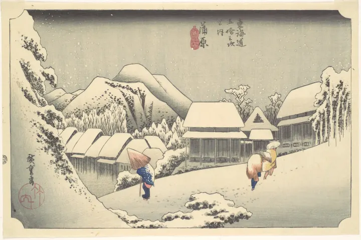 Evening Snow at Kanbara, from the series "Fifty-three Stations of the Tōkaidō", by Utagawa Hiroshige