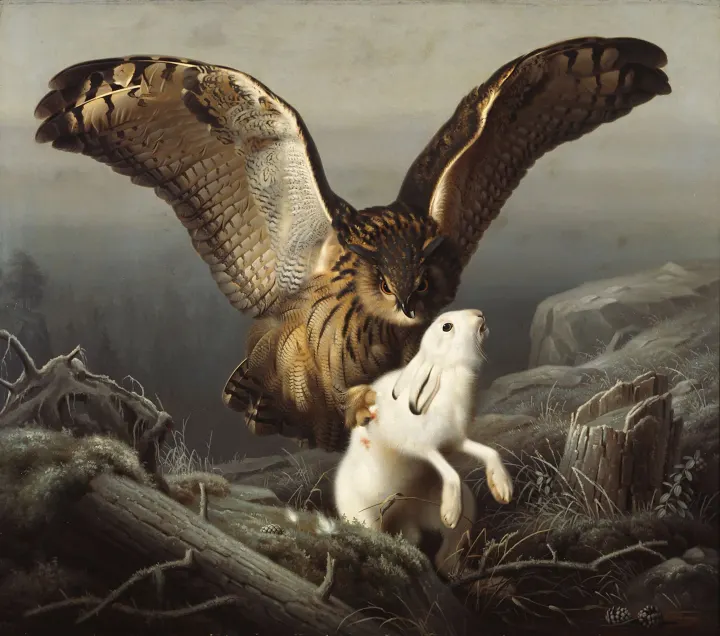 An Eagle-Owl Seizes a Hare, by Ferdinand von Wright
