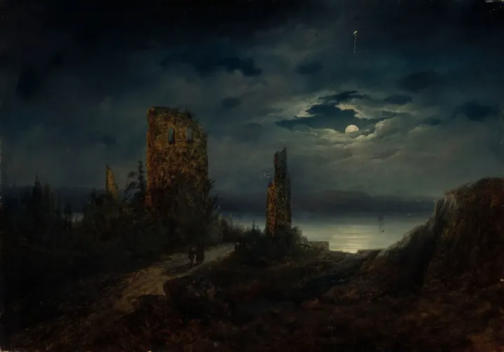 Stegeborg Castle ruins by moonlight, by Lars Theodor Billing