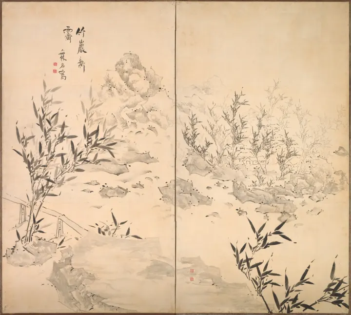 Bamboo and Rocks in Clearing Skies, by Ike Taiga