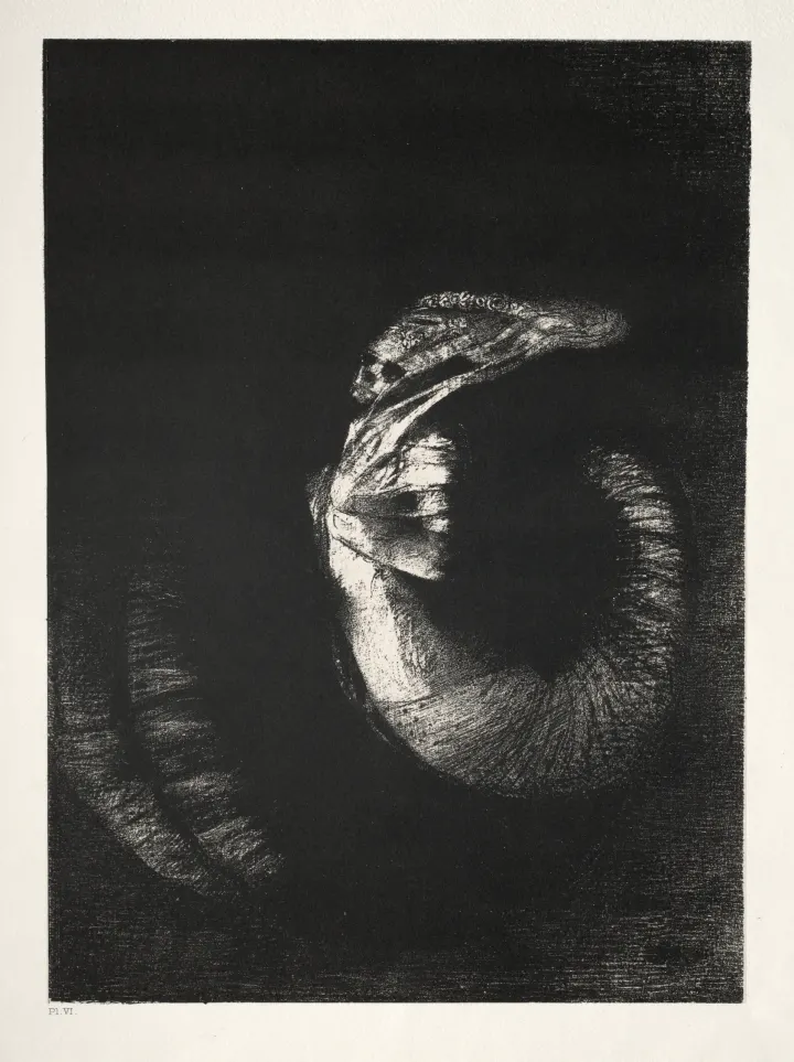 It Is a Skull Wreathed with Roses. It Dominates a Woman's Torso of Pearly Whiteness, by Odilon Redon