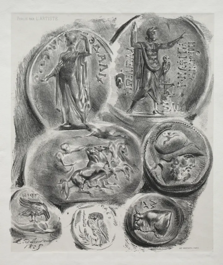 Sheet with Seven Antique Medals, by Eugène Delacroix