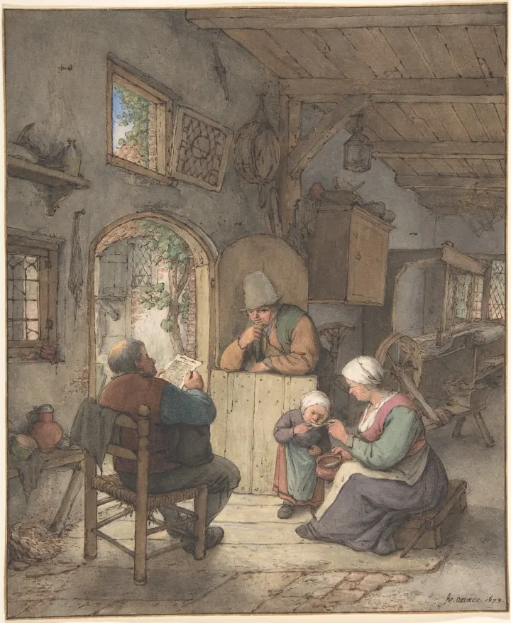 Reading the News at the Weavers' Cottage, by Adriaen van Ostade