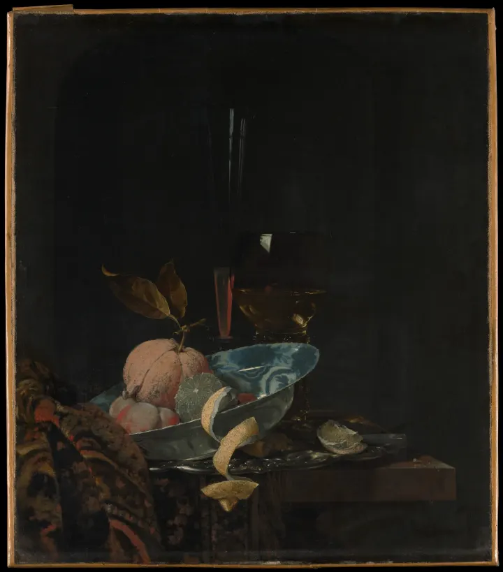 Still Life with Fruit, Glassware, and a Wanli Bowl, by Willem Kalf